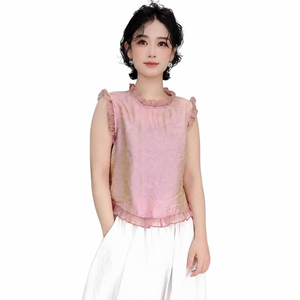 【今日このごろ制限事項、超買得30％OFFクーポン券、2度汐どき皆無】トップ ノースリーブ レディース 夏 フラウンスのど首 ジャ差し固める シアー トップス 好いたらしいめ 雅びやか 女子らしい 事務室 通い お出かけ 冷やりとした 体型取りまかなう 立ち襟 晴れ晴れしい 心地好い 四つ物