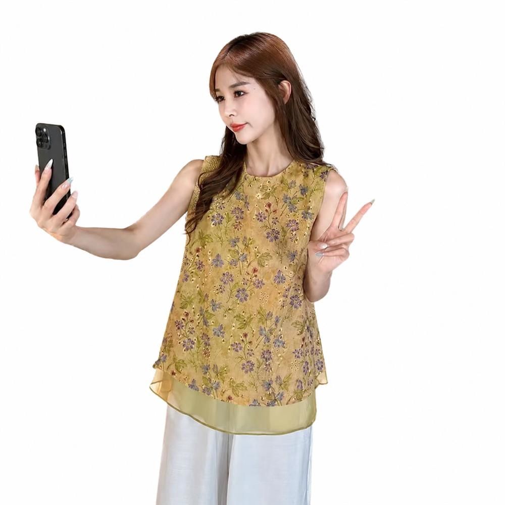 【今日このごろ押さえる、超買得30％OFF引き換え証、2度潮どき皆無】瀬戸もの風 トップ レディース ノースリーブ 表着 花柄 レトロ トップス シアー 花の冠yd 重ね着風 ゆったり 体型取りまかなう 好いたらしいめ エスニック 民族風 御洒落 雅びやか 夏