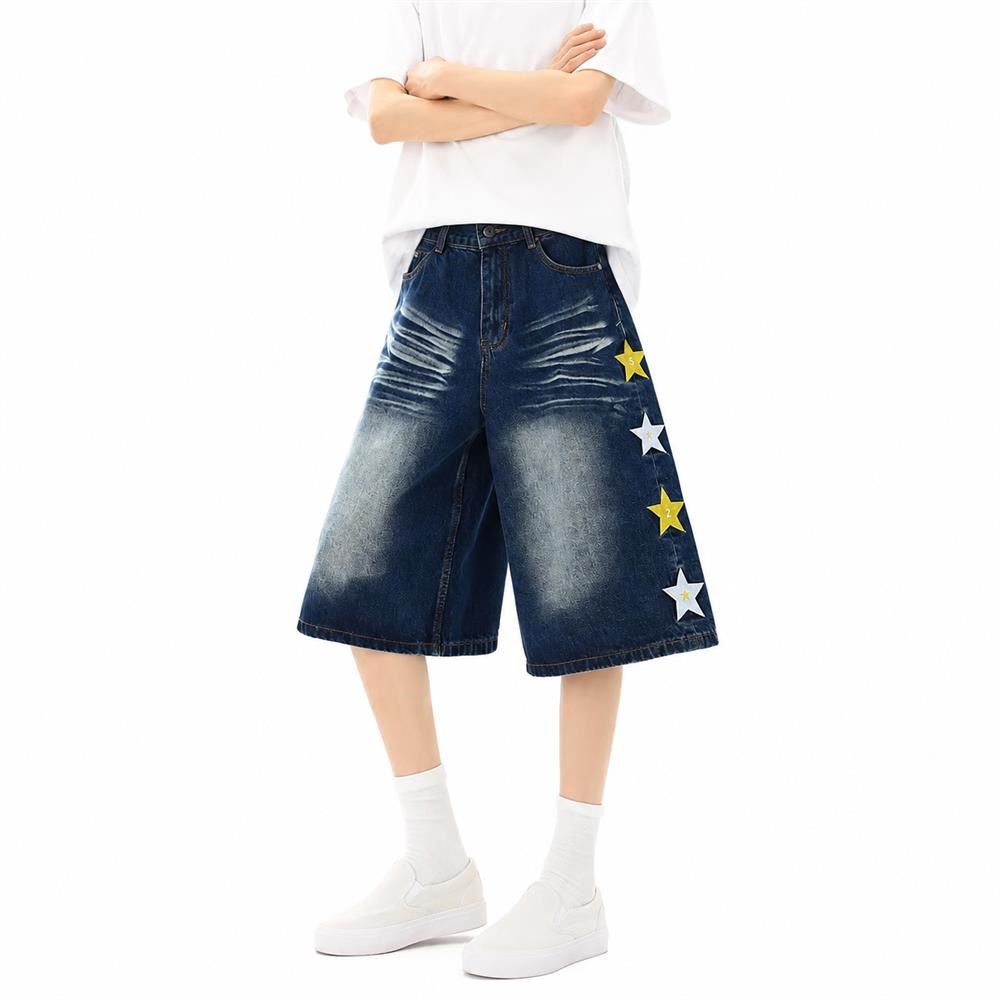 【今日このごろ制限事項、超買得30％OFFクーポン券、2度汐どき皆無】ジーンズ 二分の一ズボン下 星柄 刺しゅう 広広とした影ぼうし デニム メンズ レディース 夏 表どおり バギーパンツ 膝丈 ゆったり 心地好い ウォッシュ産業 5分丈 さる股引き