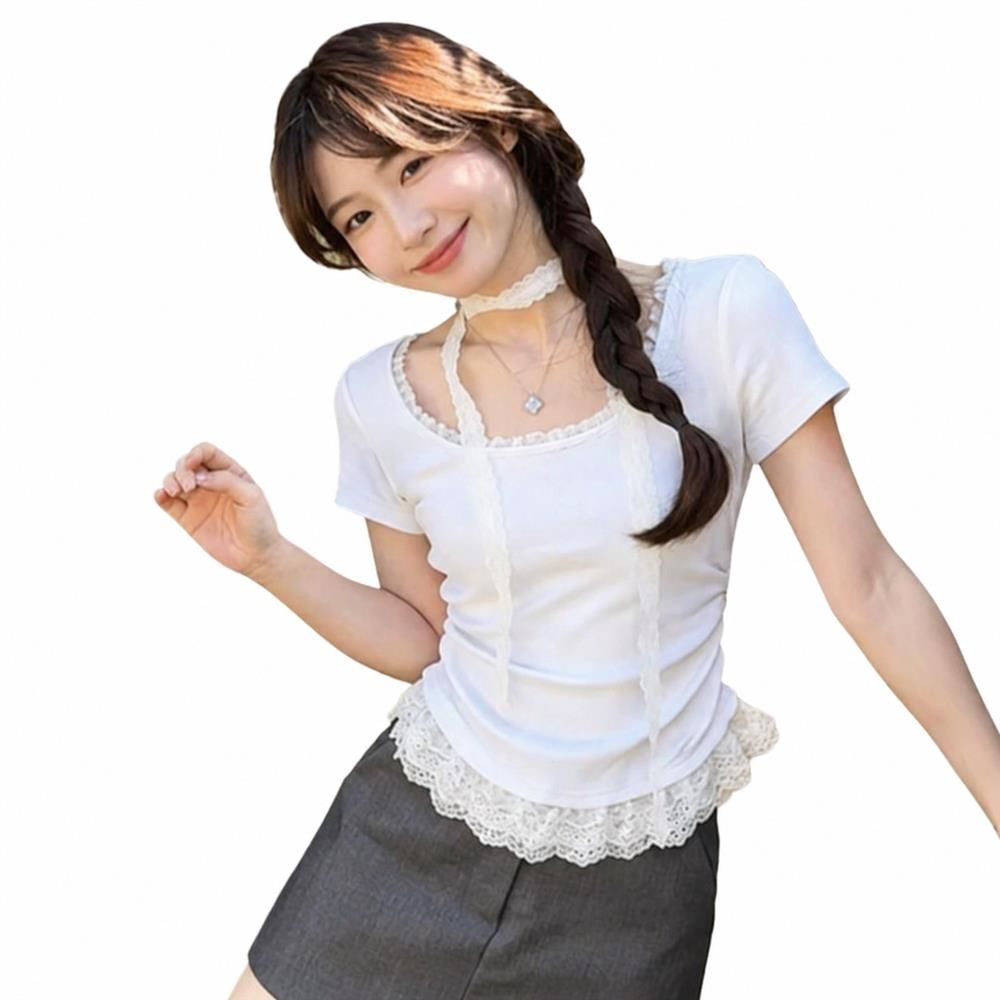 【超買得30％OFFクーポン券】プルオーバー レディース 半袖 カットソー スピード競技 フラウンス うつり変わり 重ね着風 女子らしい 仕掛地雷系 フレンチガーリー ホルターネック 真四角素っ首 きつい パステル色の 伸ばすこと 夏 会う約束 通学 好いたらしい