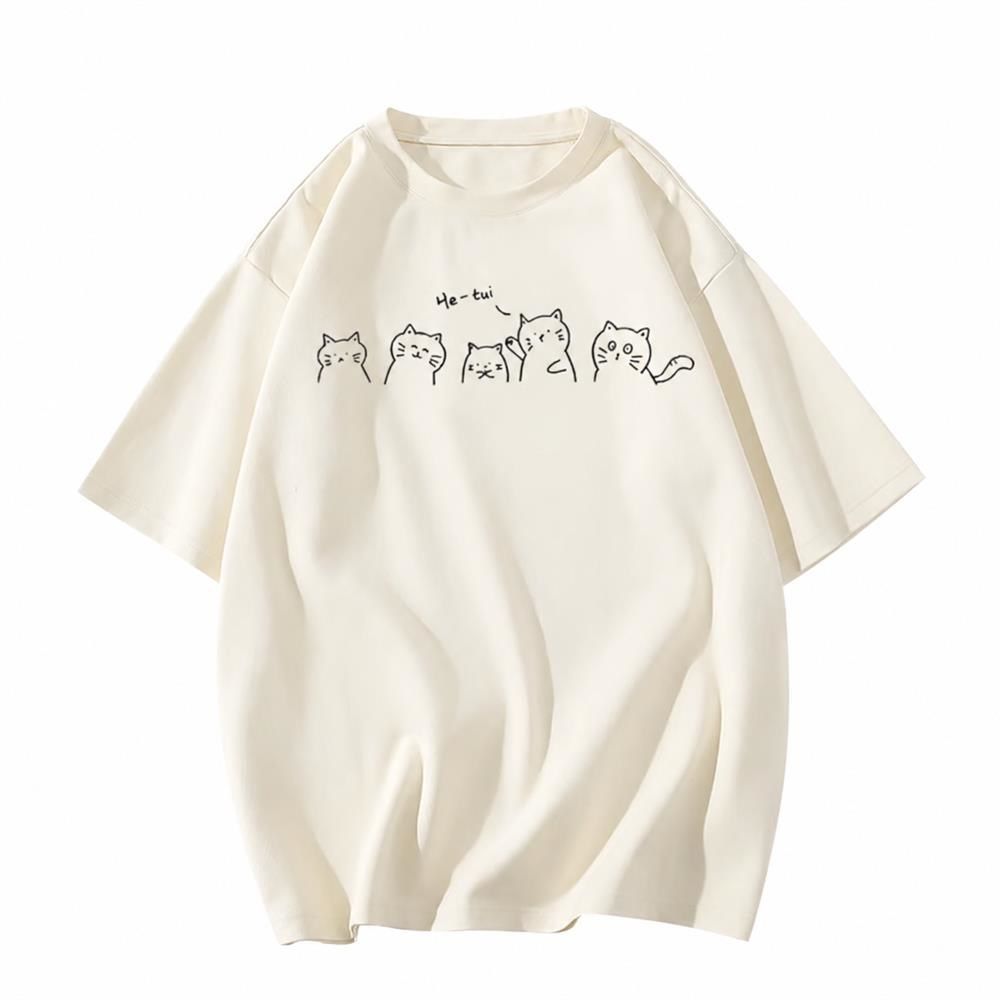 【超買得30％OFFクーポン券】プルオーバー レディース 半袖 猫 刷り上げる トップス 小間絵 ゆるい 厚地の外套大きさ ビッグ影ぼうし 心地好い 可愛らしい おもしろ 労働者の一団素っ首 丸首 綿織物 綿 お茶プルオーバー カットソー 通学