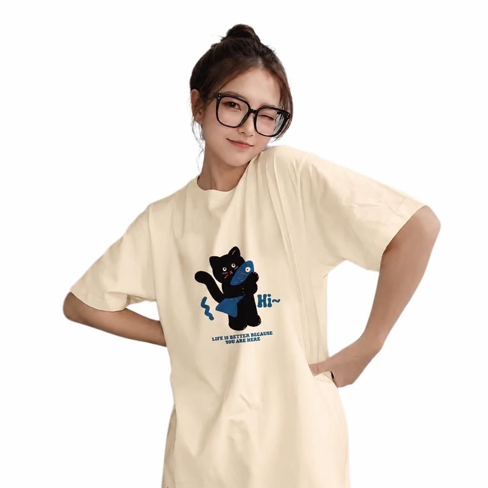 【超買得30％OFFクーポン券】Ｔシャツ レディース 半袖 猫柄 刷り上げる ゆったり 厚地の外套大きさ 心地好い 夏服 カットソー 労働者の一団素っ首 トップス うしろ帯 通学 可愛らしい 今めかしい 御部屋着