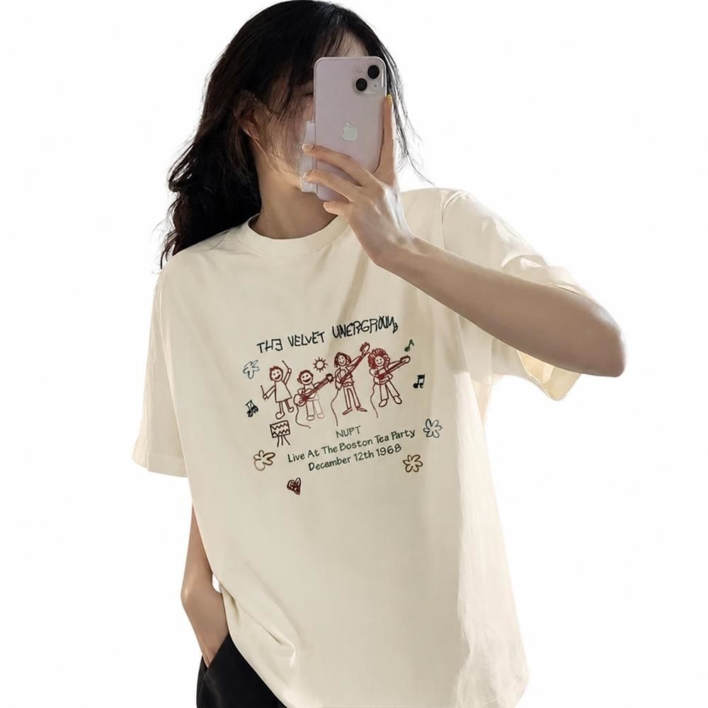 【超買得30％OFFクーポン券】プルオーバー レディース 半袖 ビッグ影ぼうし 厚地の外套大きさ カットソー ゆったり 刷り上げる 手描き風 レトロ 夏 体型覆いかぶせる 好いたらしい