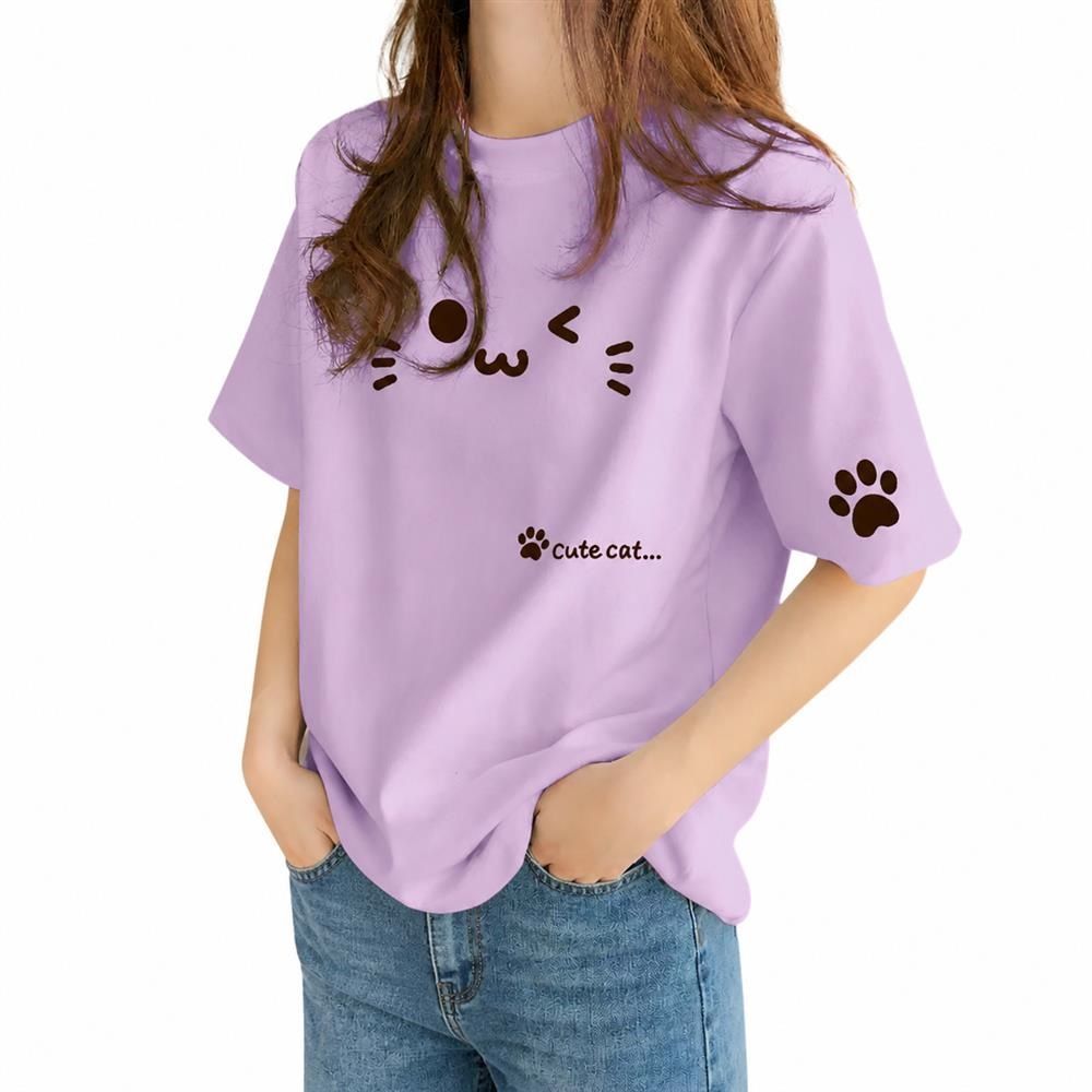 【超買得30％OFFクーポン券】プルオーバー レディース 半袖 猫 肉球 刷り上げる 夏服 カットソー トップス ゆったり ビッグ影ぼうし 心地好い 労働者の一団素っ首 好いたらしい 通学