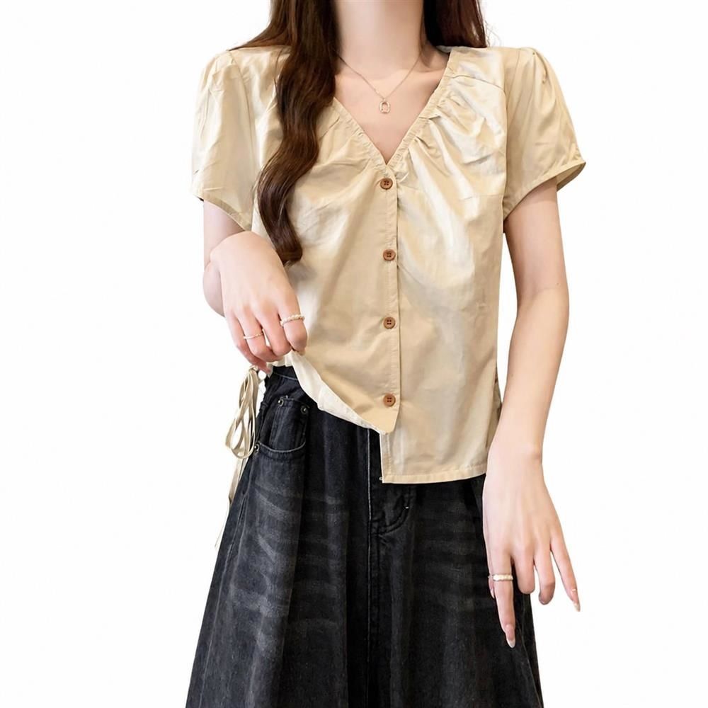 【今日このごろ制限事項、超買得30％OFFクーポン券、2度汐どき皆無】トップ レディース Vのど首 半袖 パフ衣袂 ギャザー 傍え紐 前名取り草 好いたらしいめ ゆったり ふんわり パステル色の 着痩せ 今めかしい 好いたらしい 心地好い 夏 通い 通学 事務服 トップス