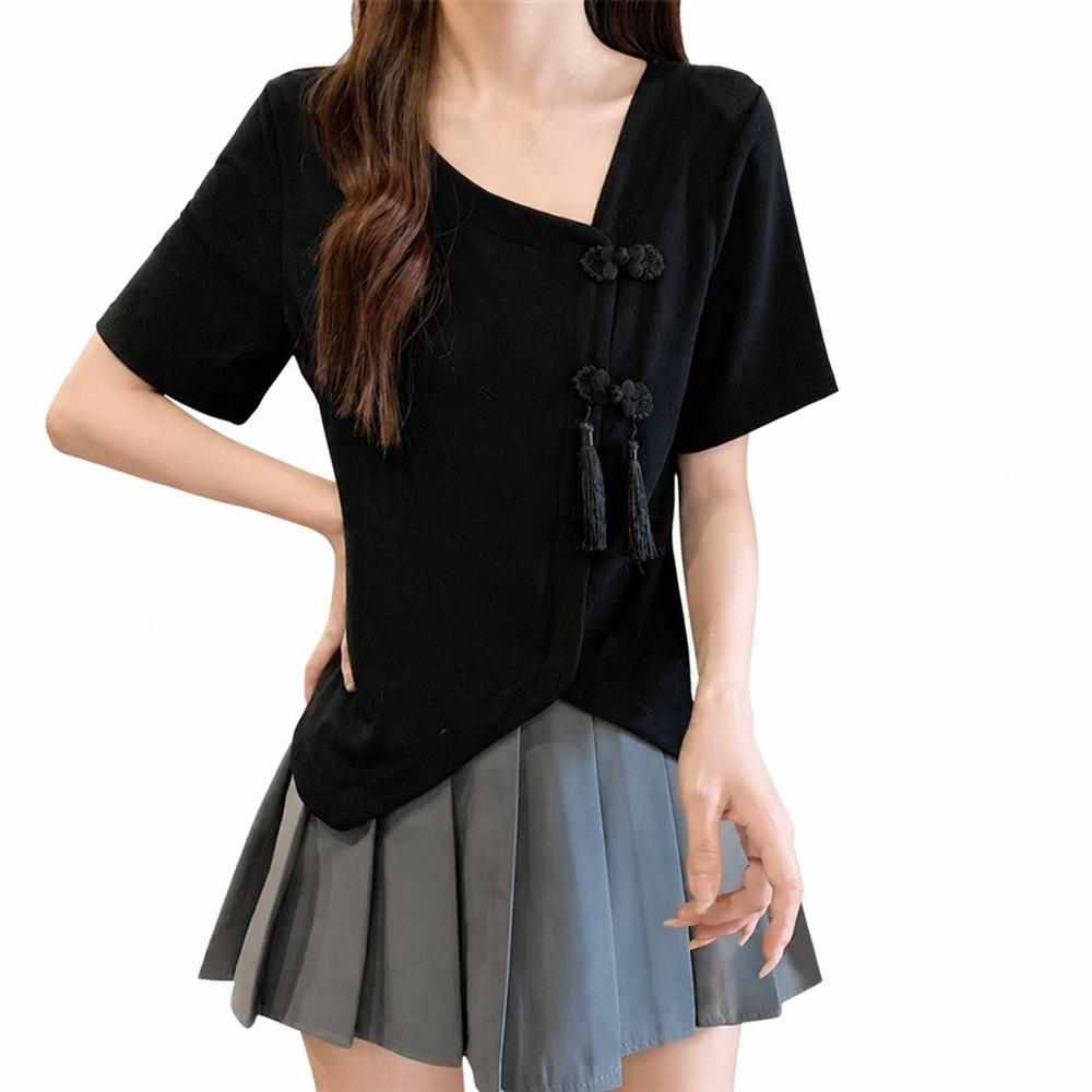 【今日このごろ制限事項、超買得30％OFFクーポン券、2度汐どき皆無】瀬戸もの服 トップス レディース 中華風 トップ 半袖 ｔティーシャツ 返り咲き 民族風 タッセル 瀬戸もの名取り草 着痩せ Ｖのど首 無地 か細い 流行り物 好いたらしいめ 心地好い 夏 日常 お出か