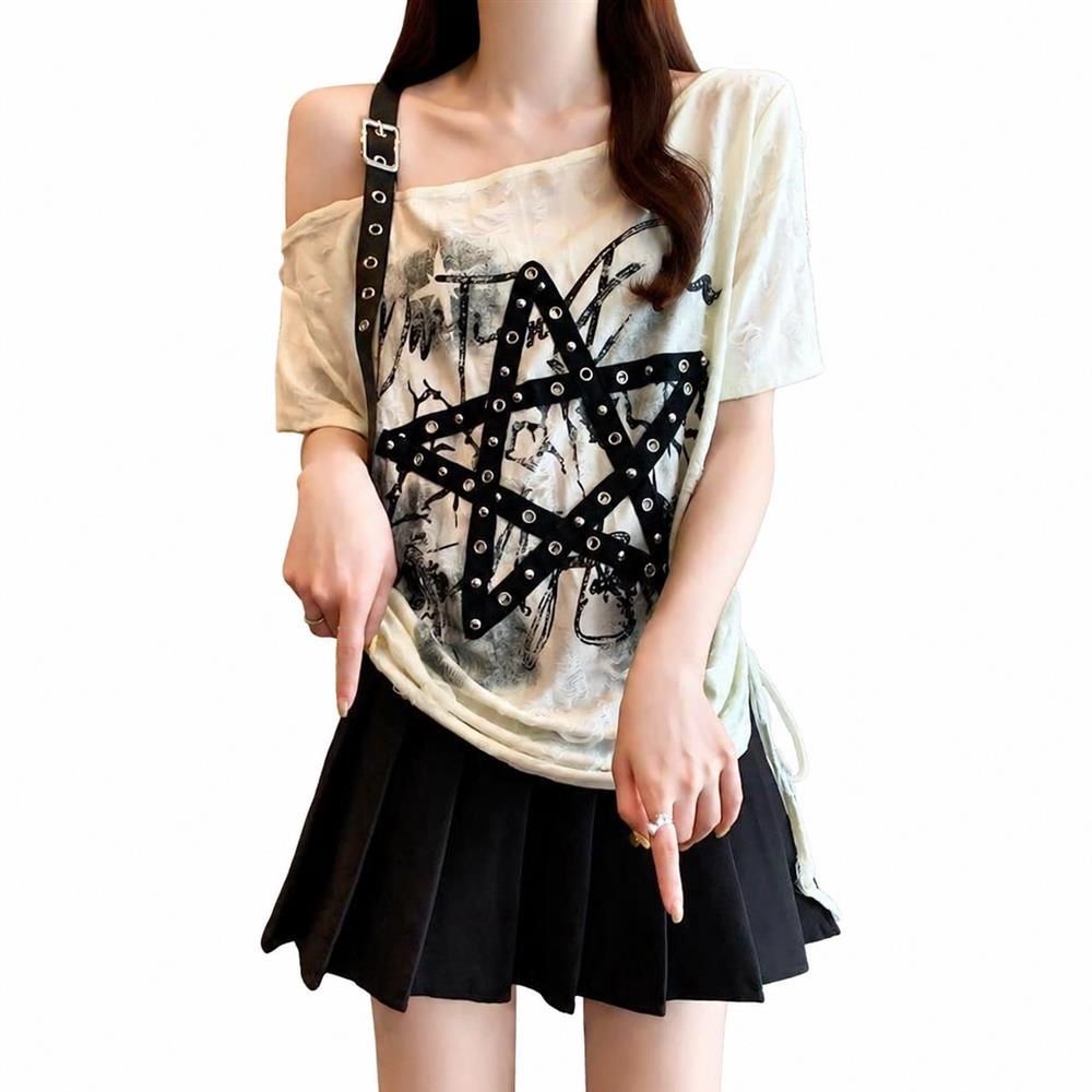 【今日このごろ押さえる、超買得30％OFF引き換え証、2度潮どき皆無】Ｔシャツ レディース オフショルダ ワンショルダ 不都合工業 衝突 はち切れる 鍵を掛ける 表どおり系 ビッグ影ぼうし ゆったり 半袖 ゆるかわ トップス 仕掛地雷系 サブカル アメカジ カジ