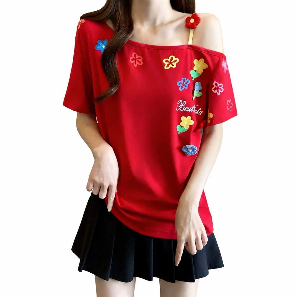 【今日このごろ制限事項、超買得30％OFFクーポン券、2度汐どき皆無】ティーシャツ レディース 半袖 オフショル 一肩先 肩出し 花柄 刺しゅう トップス カットソー 心地好い 夏服 ゆったり 好いたらしい 好いたらしいめ 冷やりとした 好いたらしい 通学 会う約束 お出かけ 成年者 フェミ