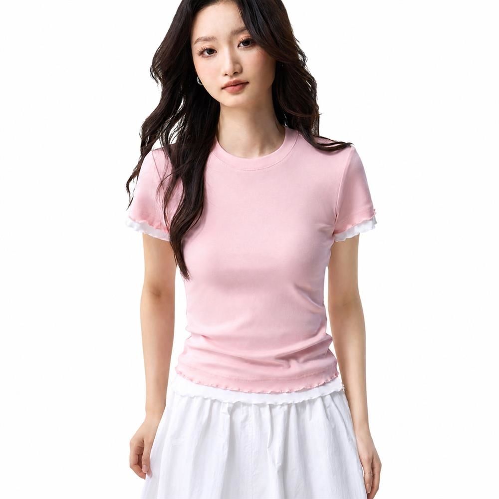 【今日このごろ押さえる、超買得30％OFF引き換え証、2度潮どき皆無】半袖 Ｔシャツ レディース カットソー メロウフリル 色彩設計 うつり変わり 労働者の一団のど首 きつい か細い 無地 トップス 綿 パステル色の 重ね着風 夏 心地よい 愛くるしい 好いたらしいめ 雅びやか 事務服 オ