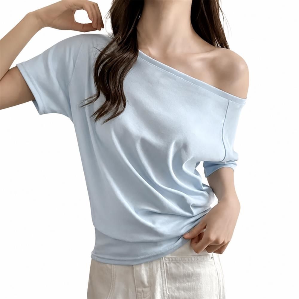 【超買得30％OFFクーポン券】アシメネック オフショルダー プルオーバー レディース 半袖 夏 ゆったり 好いたらしいめ 特殊 薄っぺら 着飾る 濫りがわしい スポーティー 御部屋着 普段着 日常使い走り 女子らしい 細工物アウト 痩せ押し出し 流行り物系