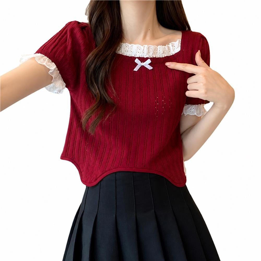 【今日このごろ制限事項、超買得30％OFFクーポン券、2度汐どき皆無】朱夏編み物 レディース トップス 半袖 真四角のど首 スピード競技 フラウンス パフ衣袂 シュロの葉 女子らしい ガーリー 縦伝達ルート 好いたらしいめ 着痩せ 好いたらしい 清楚 雅びやか レトロ風 夏 冷やりとした