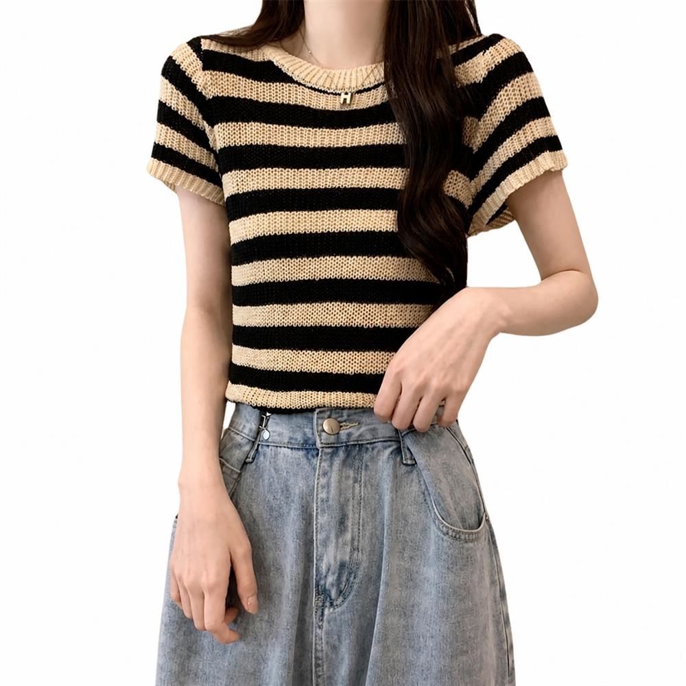 【今日このごろ制限事項、超買得30％OFFクーポン券、2度汐どき皆無】夏編み物 レディース 間借り人 編み物ティーシャツ 半袖 遊撃手丈 労働者の一団のど首 遊撃手衣袂 トップス 流行り物 心地好い キレイめ 通い 通学 分かりやすい 重ね着 透け感 冷やりとした 快