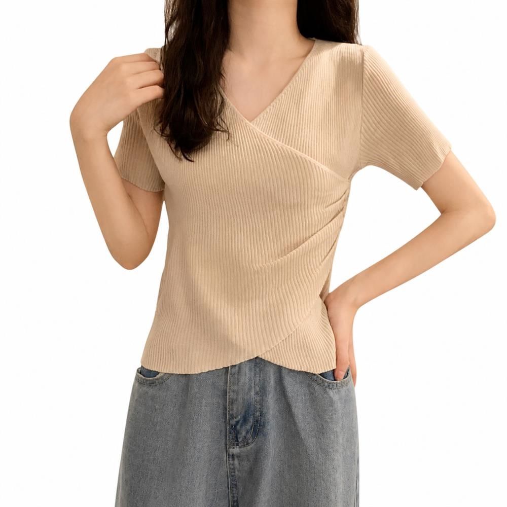 【今日このごろ制限事項、超買得30％OFFクーポン券、2度汐どき皆無】朱夏編み物 カシュクール トップス レディース Ｖのど首 半袖 リブニット シャーリング きつい 好いたらしいめ 心地好い 事務室 夏