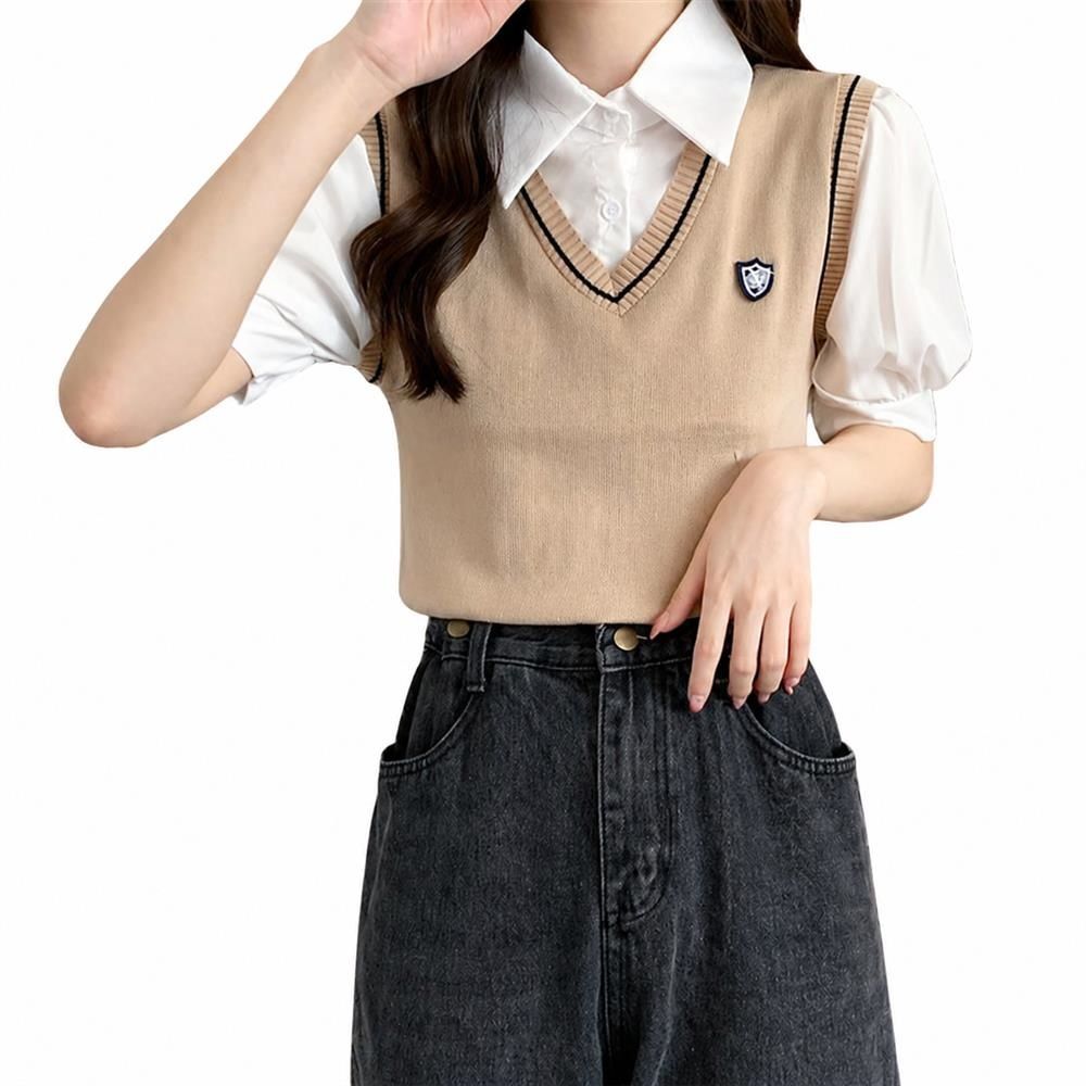 【今日このごろ押さえる、超買得30％OFF引き換え証、2度潮どき皆無】編み物より良い プルオーバー レディース フェイクレイヤード ブイのど首 半袖 パフ衣袂 翰林院風 大学生 ユニフォーム風 事務室 心地よい トップス 花の冠yd 雅びやか 記号