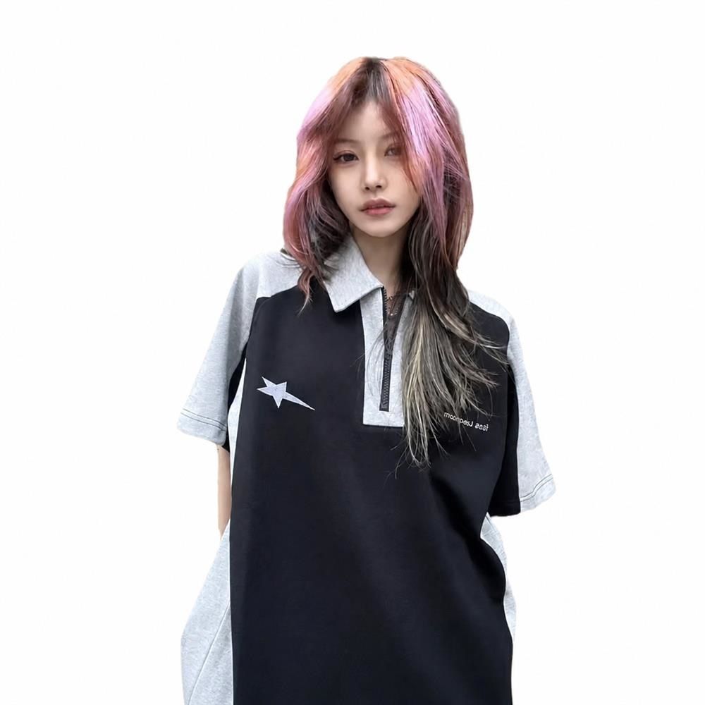 【超買得30％OFFクーポン券】ハーフジップ スポーツシャツ レディース 半袖 プルオーバー うつり変わり 星柄 厚地の外套大きさ 表どおり系 アメカジ 学院 ゆる着 通学 トップス 心地好い 夏服