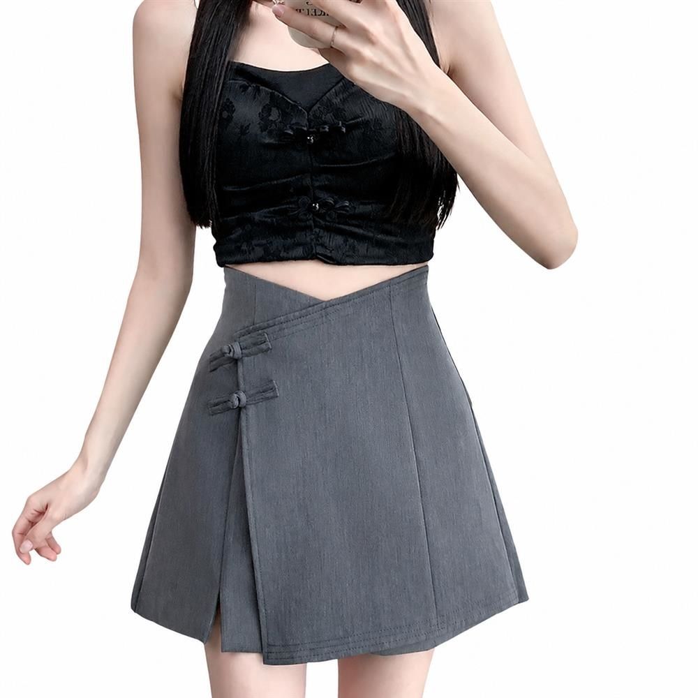 【全店通用25％OFFクーポン】キュロットパンツ レディース ショートパンツ ハイウエスト Aライン ミニスカート パンツ付き 着痩せ 体型カバー 大きいサイズ チャイナボタン きれいめ スーツ生地 涼しい 美脚 ボトムス｜大森麗萱