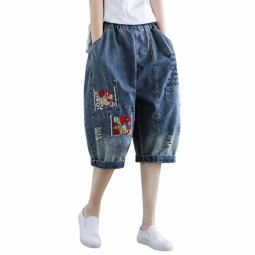 【今日このごろ押さえる、超買得30％OFF引き換え証、2度潮どき皆無】ジーンズズボン下 レディース 七分丈 後宮ズボン下 花柄縫い 不都合工業 パッチワーク 広広としたズボン下 ご機嫌酉の方角 酉の方角予防医学 ゆったり 大層らしい大きさ 体型取りまかなう レトロ エスニック 森ガ