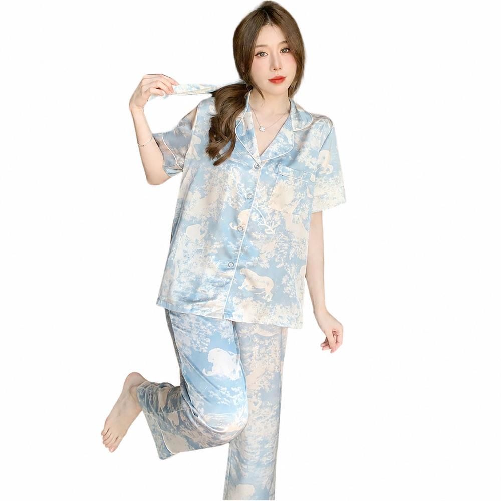 【今日このごろ押さえる、超買得30％OFF引き換え証、2度潮どき皆無】パジャマ レディース お座敷御召しもの 上下書き割り 半袖 長ズボン 前くい違い 繻子 シルクタッチ さらさら 冷やりとした 総柄 お座敷着