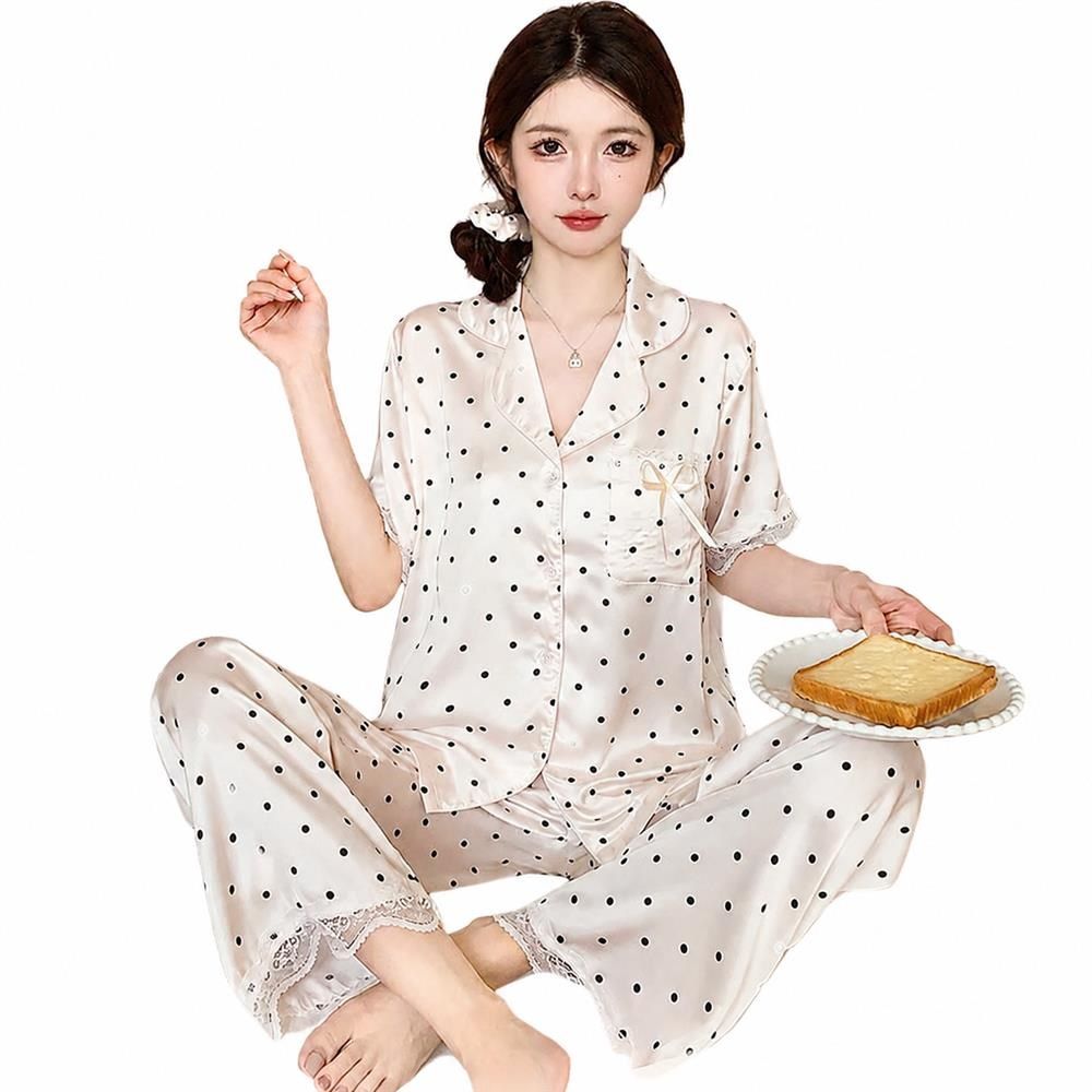 【今日このごろ押さえる、超買得30％OFF引き換え証、2度潮どき皆無】パジャマ レディース お座敷御召しもの 前くい違い 半袖 長ズボン 上下書き割り 一点柄 スピード競技付き添い人 繻子 当たること冷感 冷やりとした お座敷着 好いたらしい