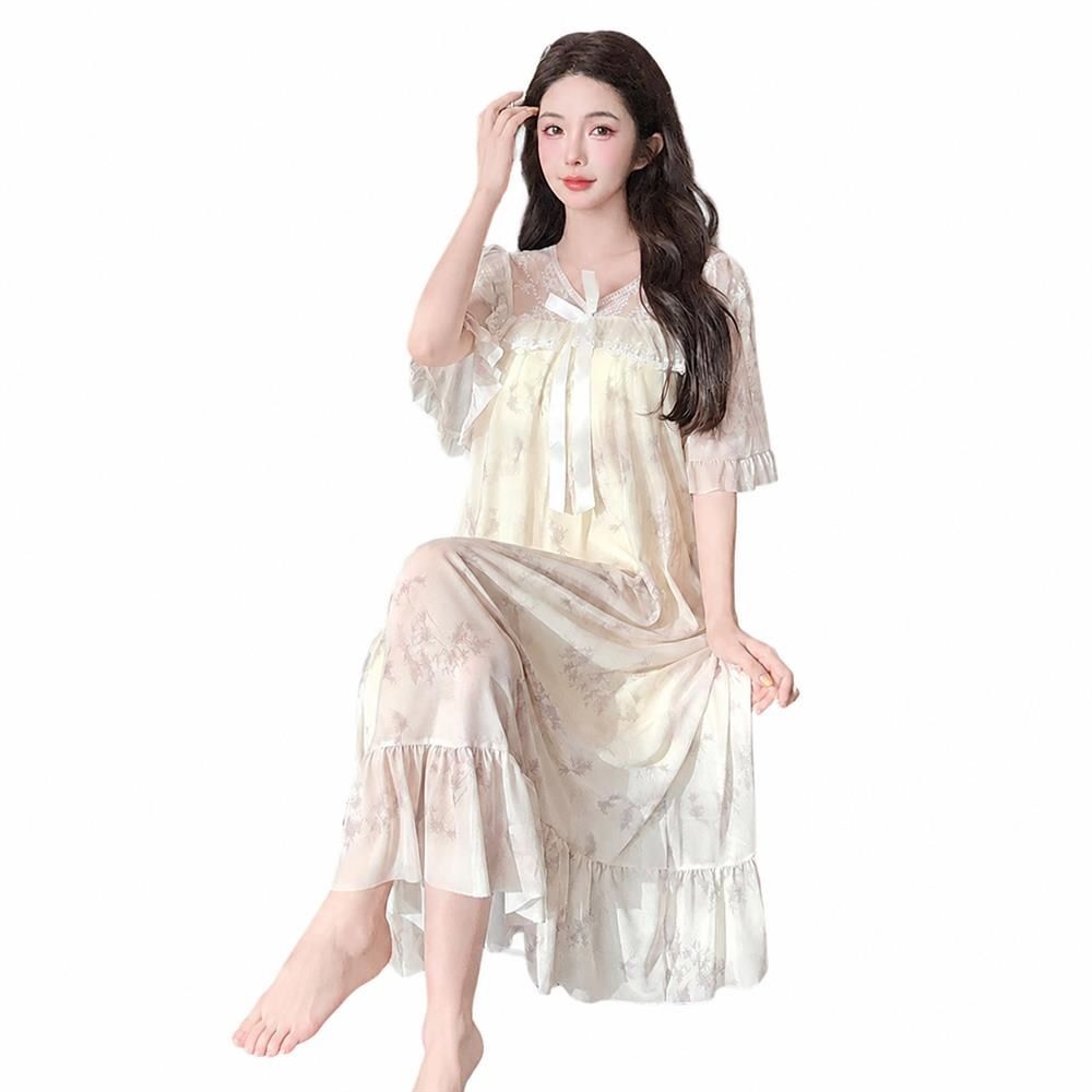 【全店通用25％OFFクーポン】ネグリジェ カップ付き ルームウェア パジャマ 姫系 レース ワンピース レディース フリル シアー ロング丈 半袖 部屋着 夏｜大森麗萱