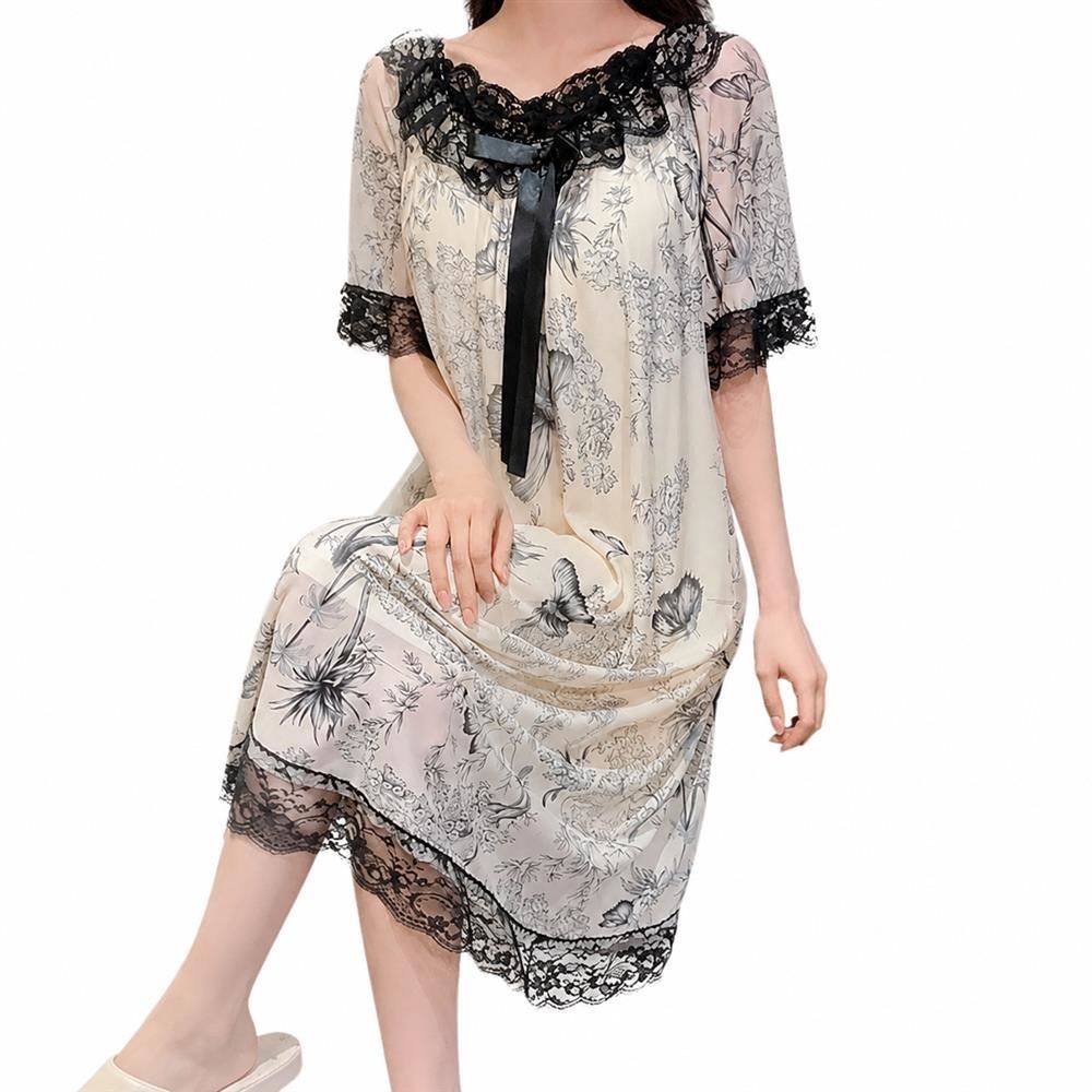 【全店通用25％OFFクーポン】ネグリジェ 姫系 ルームウェア レディース 半袖 ロング ワンピース レース パジャマ カップ付き 部屋着 リボン さらさら｜大森麗萱
