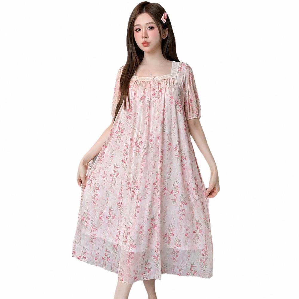 【今日このごろ制限事項、超買得30％OFFクーポン券、2度汐どき皆無】化粧着 レディース 夏 胸パッド付き添い人 パジャマ 衣裳 花柄 スピード競技 チュール 妃殿下 御部屋御召しもの 半袖 ロング丈 真四角のど首 御部屋着 総柄 メッシュ 女子らしい 寝一巻き