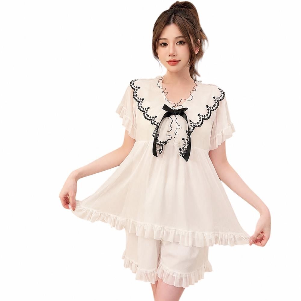 【全店通用25％OFFクーポン】パジャマ レディース ルームウェア カップ付き お姫様 部屋着 半袖 レース チュール フリル 透け感 可愛い 夏用 シアー素材 高見え｜大森麗萱