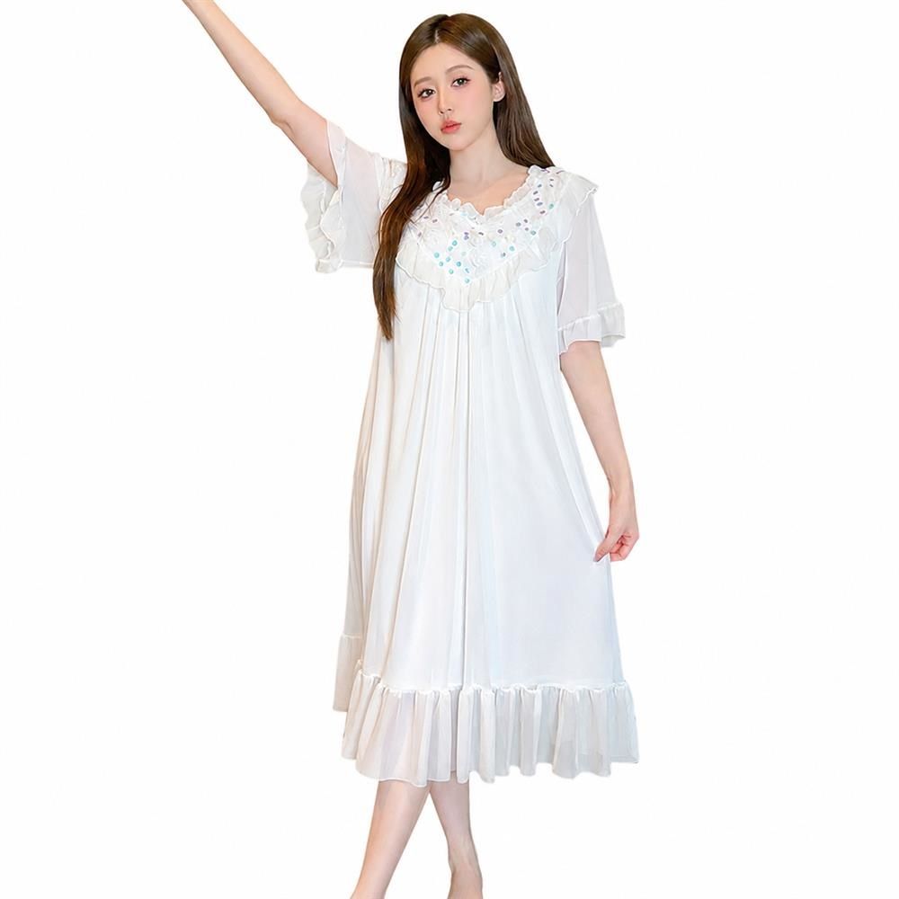 【今日このごろ制限事項、超買得30％OFFクーポン券、2度汐どき皆無】化粧着 姫系 御部屋御召しもの レディース パジャマ 衣裳 半袖 妃殿下 スピード競技 フラウンス チュール ロング丈 パステル色の ナイト爵御召しもの 御部屋着