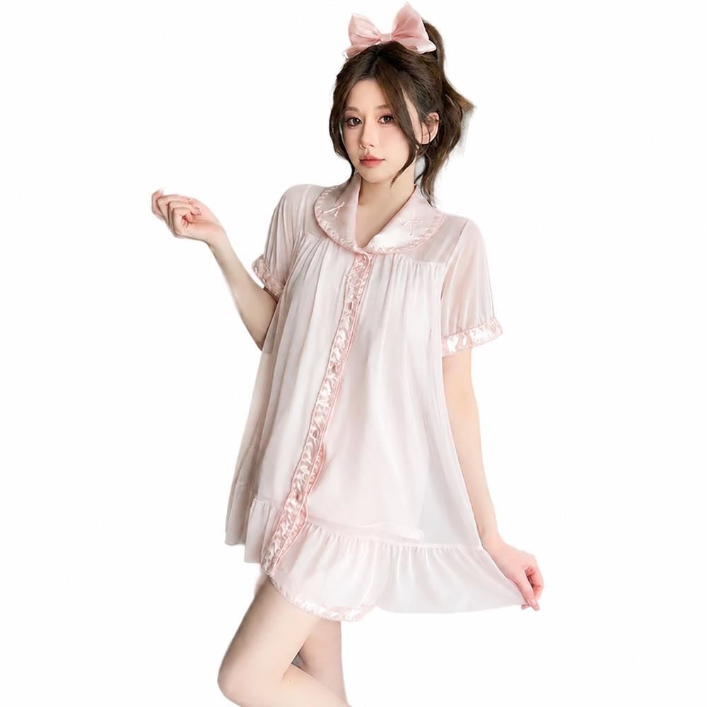 【全店通用25％OFFクーポン】パジャマ レディース ルームウェア 姫系 上下セット 半袖 前開き 胸パッド付き チュール レース 可愛い 部屋着 お姫様 透け感 柔らかい 夏用 ゆったり フリル 襟付き ナイトウェア ギフト｜大森麗萱