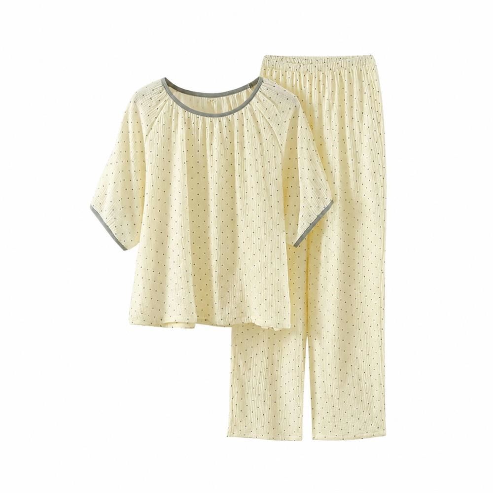 【全店通用25％OFFクーポン】パジャマ レディース ルームウェア 上下セット 半袖 長ズボン 二重ガーゼ 綿 部屋着 ギャザーネック ゆったり 涼しい｜大森麗萱