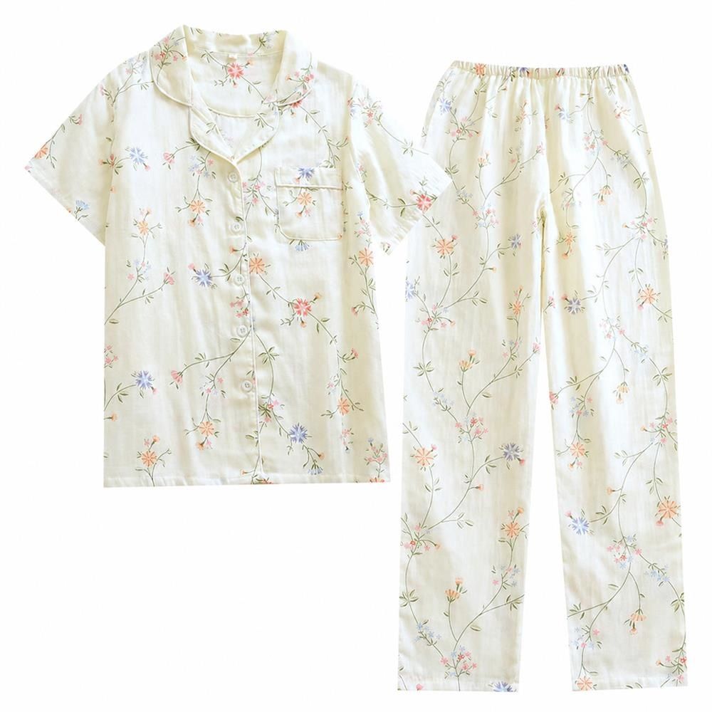 【今日このごろ制限事項、超買得30％OFFクーポン券、2度汐どき皆無】パジャマ レディース 御部屋御召しもの ダブルガーゼ 綿 半袖 長ズボン 上下書き割り 前車のドア 襟付き添い人 花柄 御部屋着 寝巻き 通気性