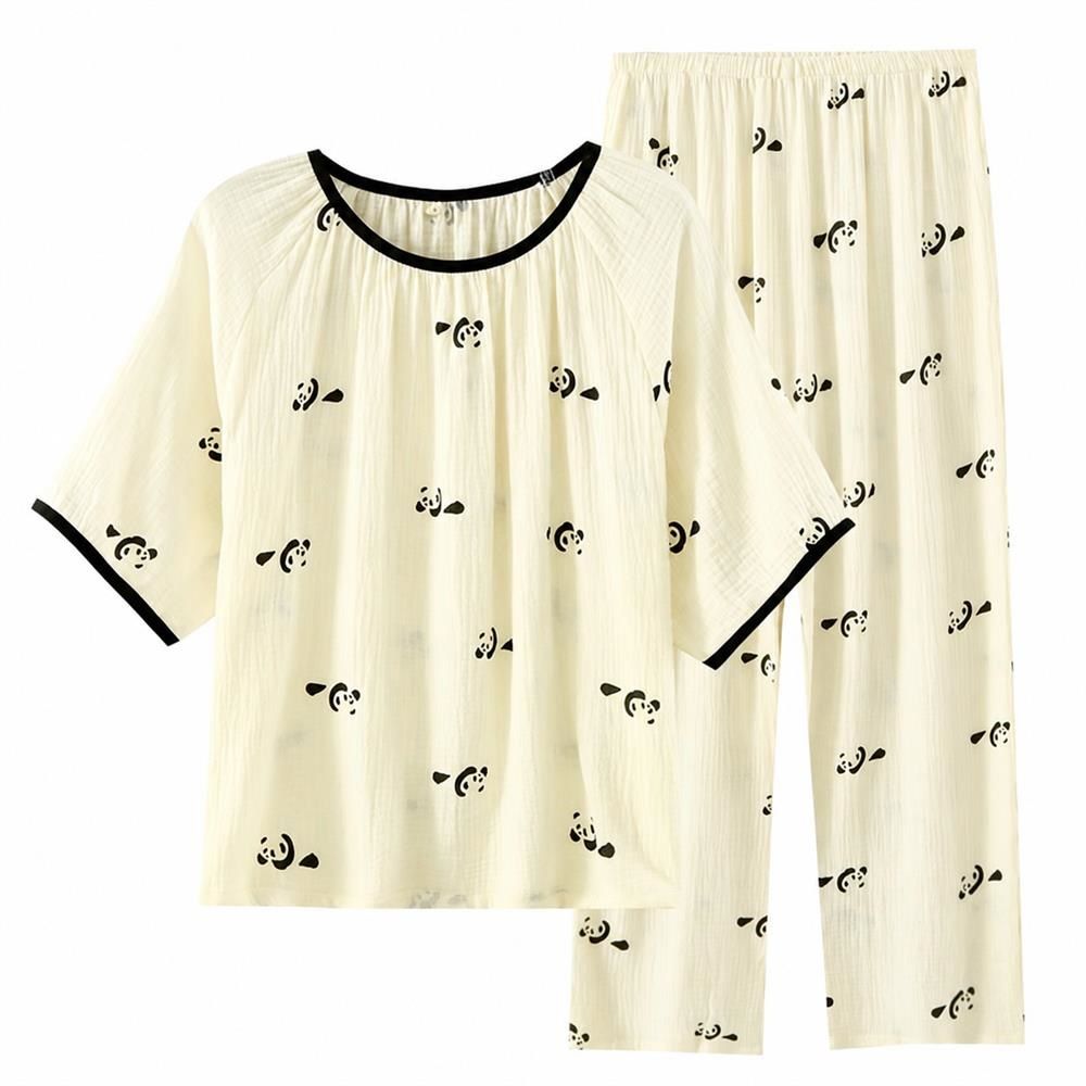 【全店通用25％OFFクーポン】パジャマ レディース ルームウェア 綿 ダブルガーゼ 半袖 長ズボン 上下セット パンダ柄 ふんわり 部屋着 夏｜大森麗萱