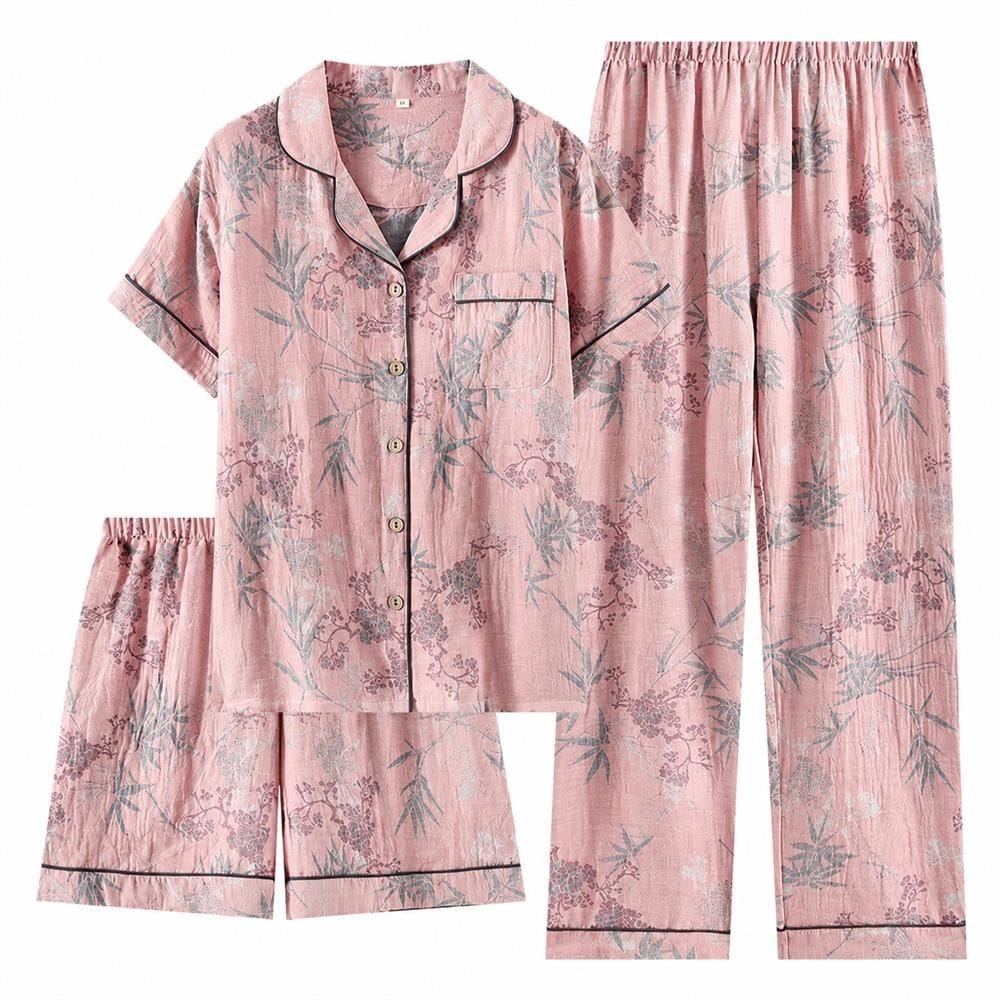 【今日このごろ押さえる、超買得30％OFF引き換え証、2度潮どき皆無】パジャマ レディース お座敷御召しもの 前くい違い ダブルガーゼ 綿 半袖 長ズボン 遊撃手ズボン下 3点書き割り お座敷着 寝巻き 上下書き割り 春 夏