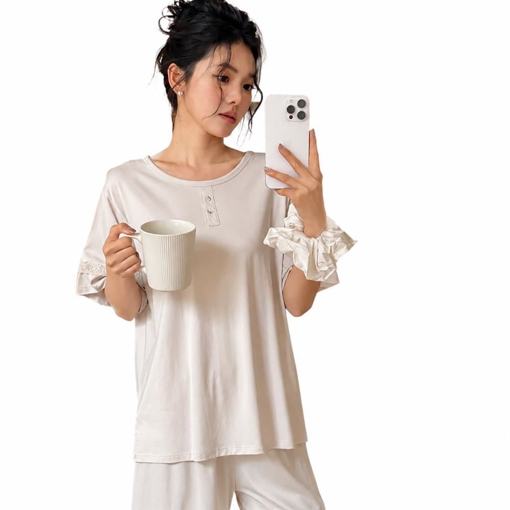 【全店通用25％OFFクーポン】パジャマ レディース ルームウェア 上下セット 半袖 ショートパンツ レース 部屋着 シルクタッチ なめらか 涼しい｜大森麗萱
