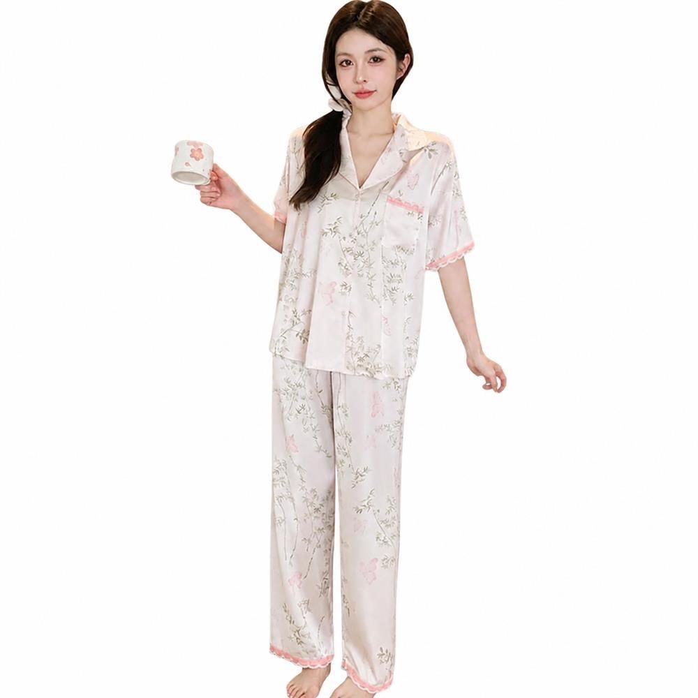 【今日このごろ押さえる、超買得30％OFF引き換え証、2度潮どき皆無】パジャマ レディース お座敷御召しもの 半袖 前くい違い 繻子 地絹調 上下書き割り 夢見鳥 竹柄 スピード競技付き添い人 オリエンタル調 お座敷着