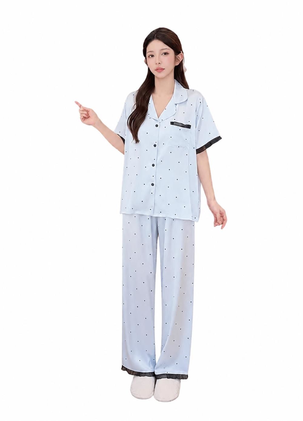 【今日このごろ押さえる、超買得30％OFF引き換え証、2度潮どき皆無】パジャマ レディース お座敷御召しもの 上下書き割り 半袖 前くい違い 繻子 一点柄 ロングズボン下 お座敷着 寝巻き 冷やりとした とろみ感