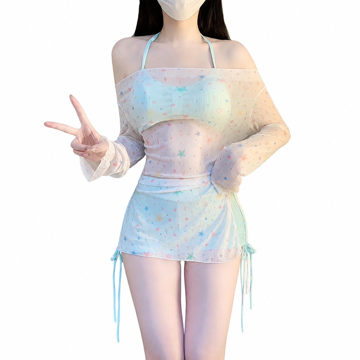【今日このごろ押さえる、超買得30％OFF引き換え証、2度潮どき皆無】海水着 レディース 体型取りまかなう ビキニ 3点書き割り シアートップス付き添い人 長袖 カクテルドレスルー 星柄 好いたらしい スコート シャーリング セパレート 盛れる ぽっ自転車 二の腕 土手っ腹取りまかなう 砂浜 海水浴場 ナ