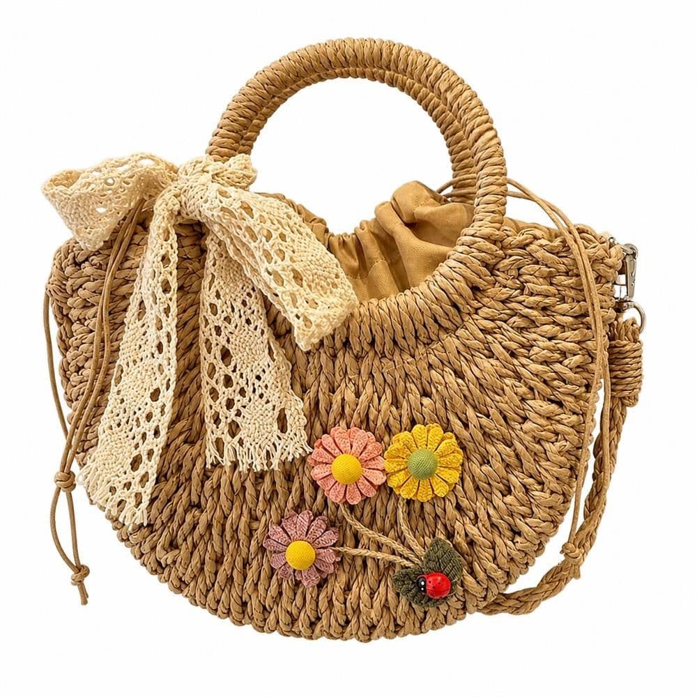 【今日このごろ押さえる、超買得30％OFFクーポン券、2度汐合い絶無】かご御徒面子 レディース 曲がったがけ 好いたらしい スピード競技シュロの葉 花飾りつけ 草編み御徒面子 手提げ 合切袋遣りかた 麦わら御徒面子 軽さ 浴衣 旅する 砂浜