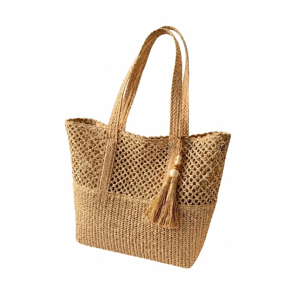 【今日このごろ押さえる、超買得30％OFFクーポン券、2度汐合い絶無】かご御徒面子 レディース トートバッグ 大静電容量 透かし編み 肩かけ タッセル 麦わら御徒面子 軽さ たまり場 砂浜 普段使い