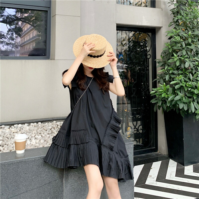 フリルワンピ 袖なし チュニック ひらひら フリル ワンピース モノトーン 無地 シンプル 変形 アシメ 個性的 袖なし ブラウス 丈長め お尻カバー ガーリー 涼しい 夏服 かわいい Aライン 脚長 モテ服 ギャザー プリーツ カジュアル 着やすい Butlerchimneys Com