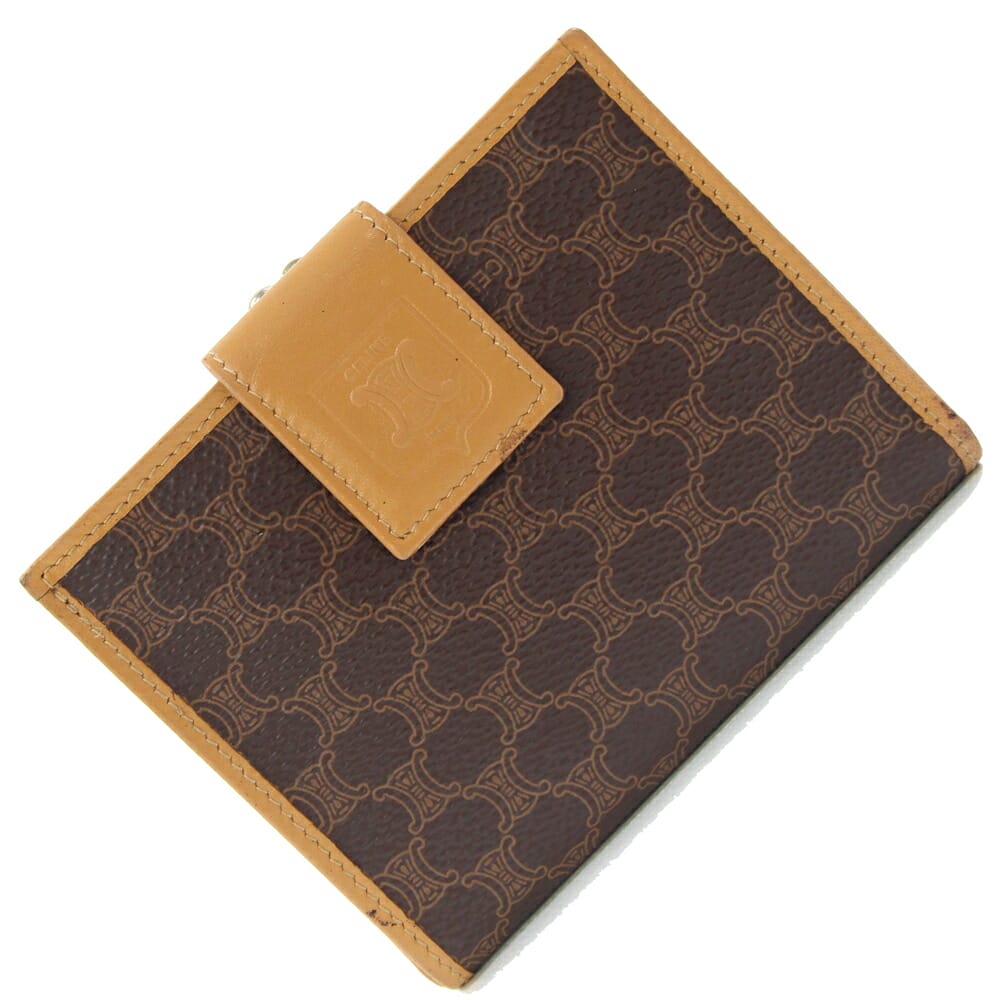 CELINE セリーヌ 二つ折り財布 マカダム 美品 ロゴ ブラウン コンパクト CELINE セリーヌ 二つ折り財布 コンパクトウォレット マカダム柄