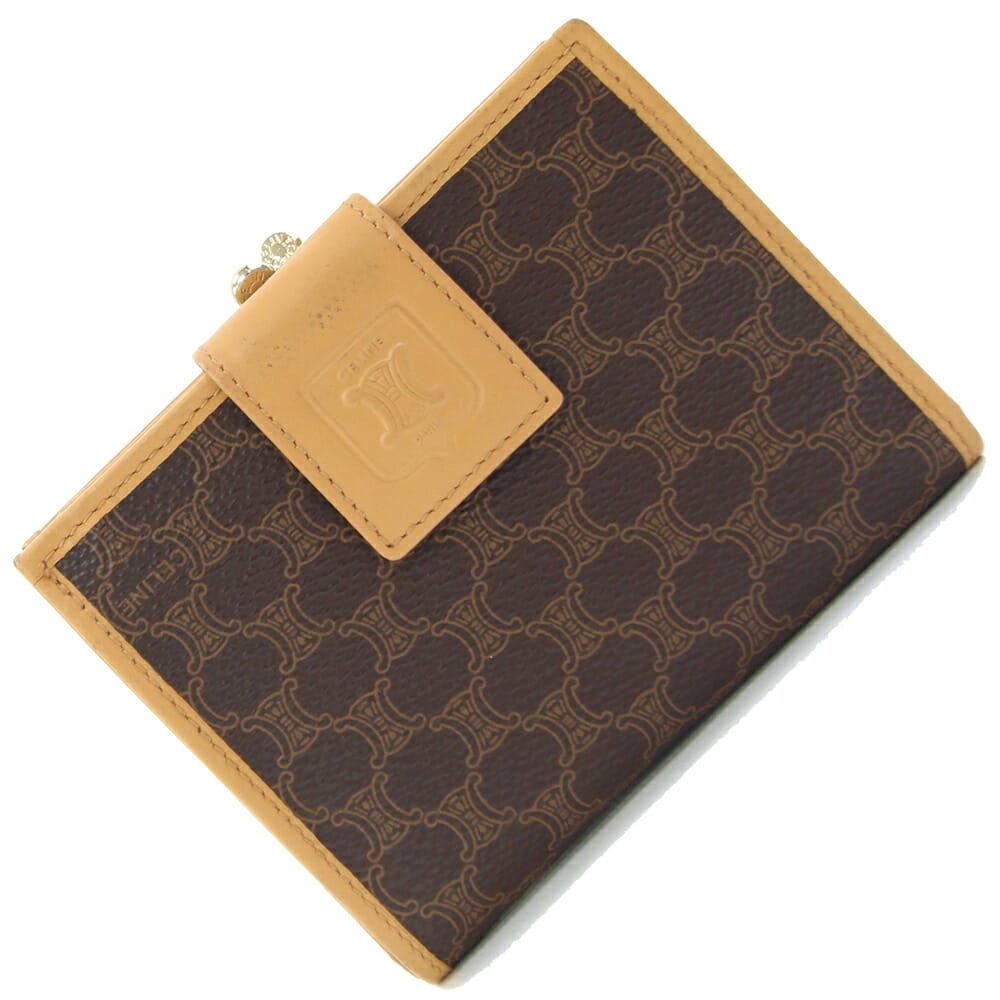 CELINE　セリーヌ　マカダム　二つ折財布　財布　がま口　ブラウン CELINE セリーヌ マカダム 財布 ベージュ ブラゾン レザー 二