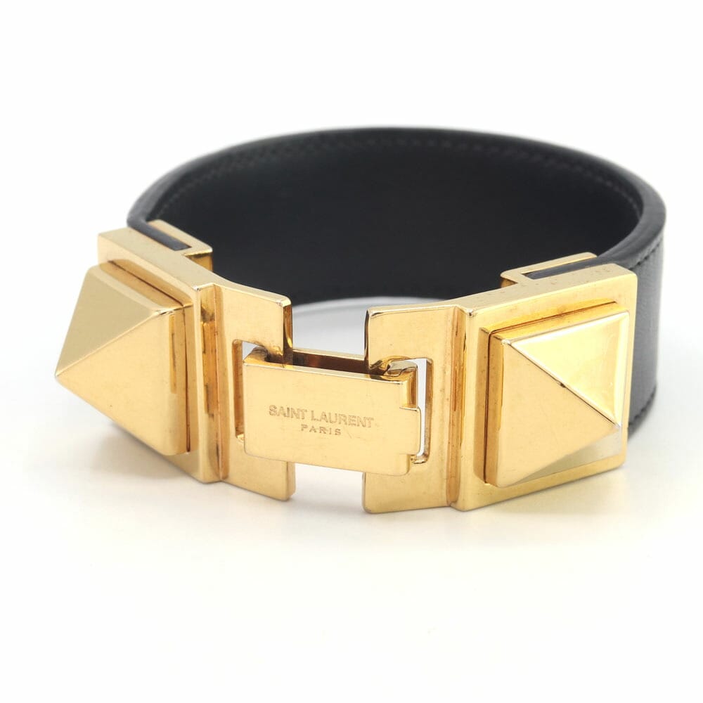 サンローランパリ ブレスレット 340571 ブラック ゴールド金具 レザー メタル 中古 腕輪 アクセサリー スタッズ レザーブレス SAINT LAURENT PARIS