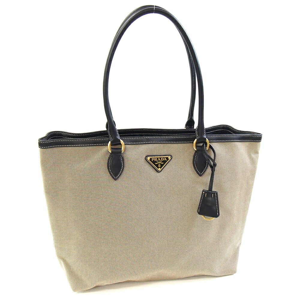 プラダ トートバッグ 1BG158 ベージュブラウン ブラック キャンバス レザー 中古 肩掛け ショルダー ロゴ レディース PRADA