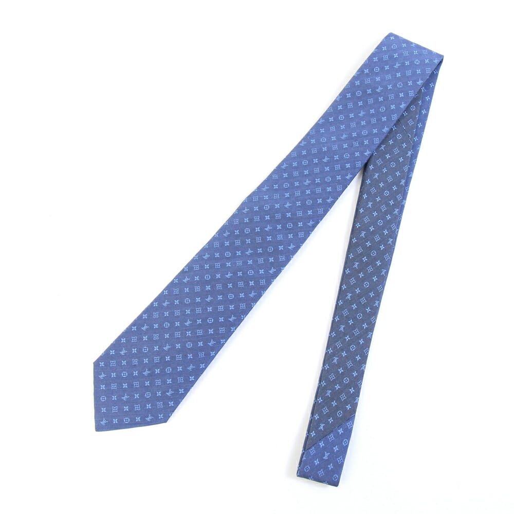 ルイヴィトン ネクタイ モノグラム トゥワイス 7CM M73199 ブルー シルク100％ 中古 スーツ ビジネス フォーマル メンズ LOUISVUITTON