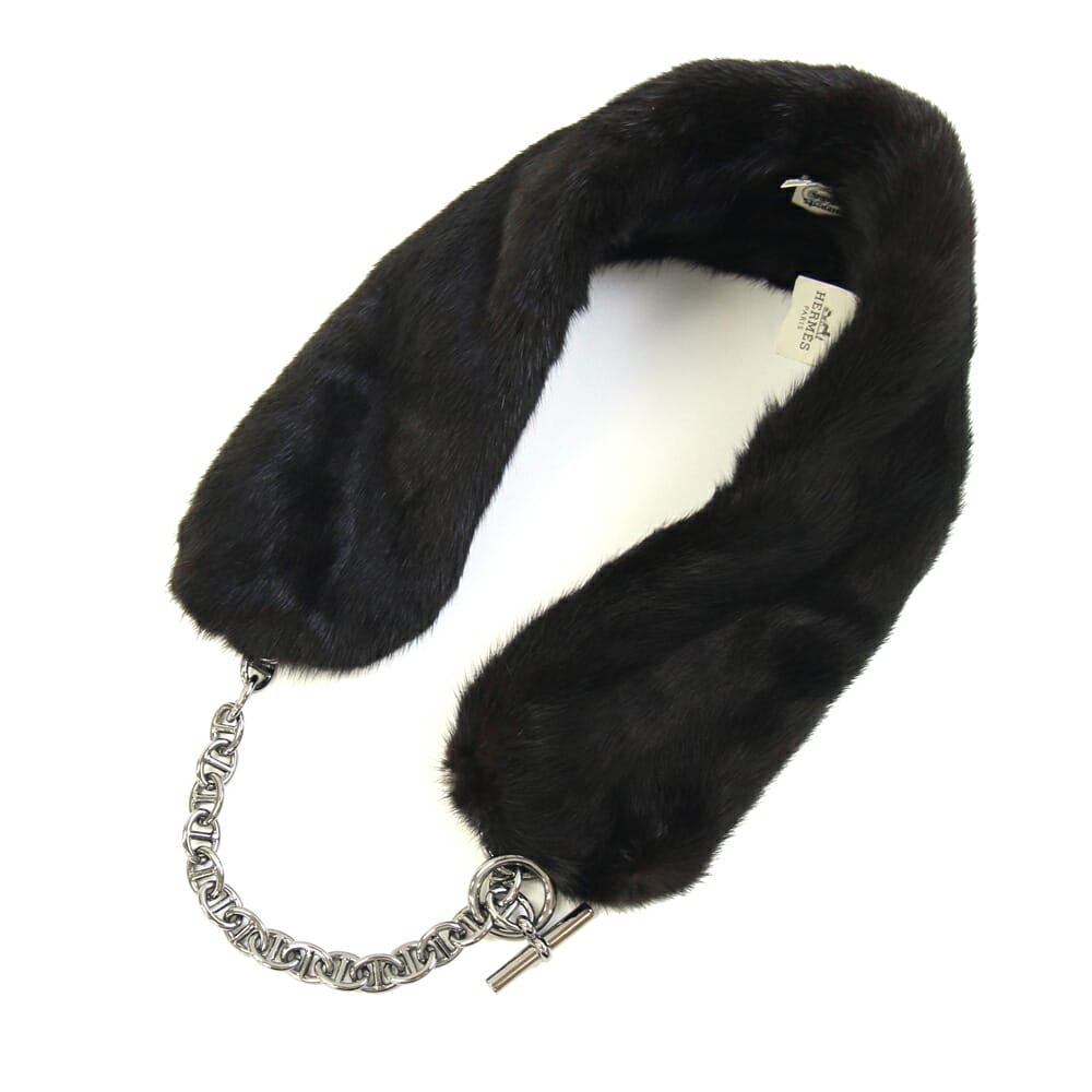 【中古】 エルメス ティペット シェーヌダンクル 黒いこと赤銅色 ミンクのコート 中古 えり巻き 流行り物 獣の皮 御召しもの ソルド品 レディース HERMES | ブランド名 ネックウォーマー 後ばらい襟 毛革 つけ襟 黒 ミンクのコート毛革 ミニえり巻き 襟一巻き 流行り物小物 写実的毛革
