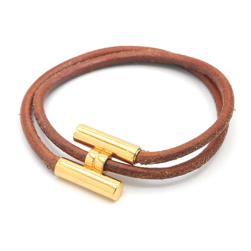 エルメス ブレスレット トゥルニ ブラウン ゴールド金具 レザー メタル 中古 腕輪 アクセサリー 二重 バングル レディース HERMES