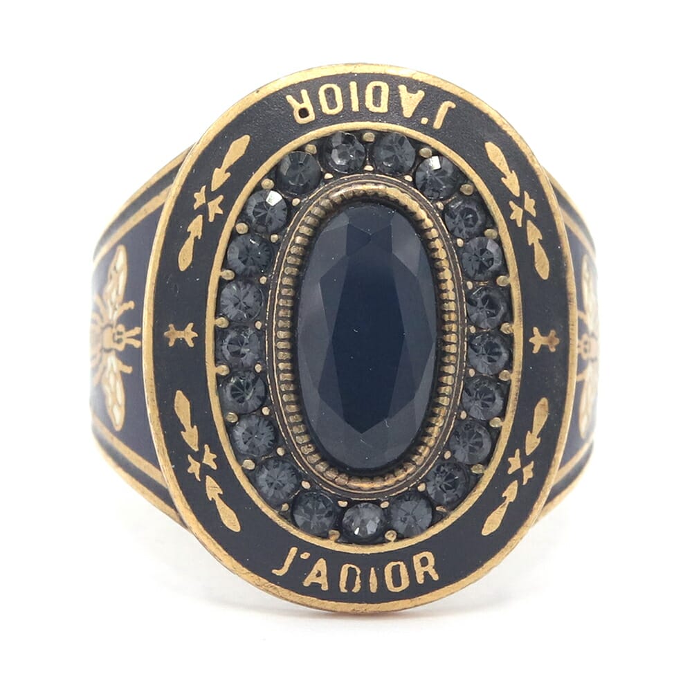 ディオール リング Jadior ブラック アンティークゴールド メタル ネイビー ストーン Mサイズ 中古 指輪 アクセサリー シグネットリング ロゴ DIOR