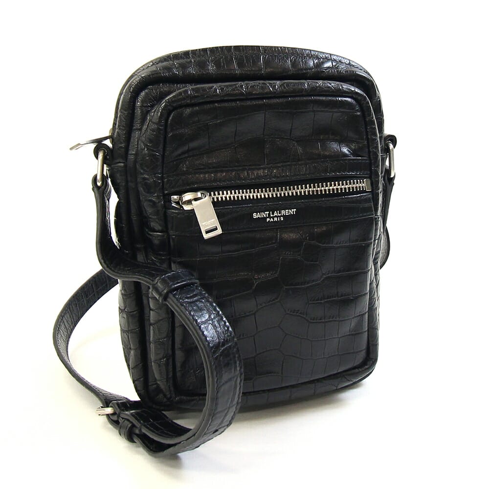 サンローラン ショルダーバッグ 581700 黒いこと 型押しなめし革 中古 曲がった掛け ポシェット ロゴタイプ ミニ御徒面子 はりつけ台上半身 メンズ SAINT LAURENT