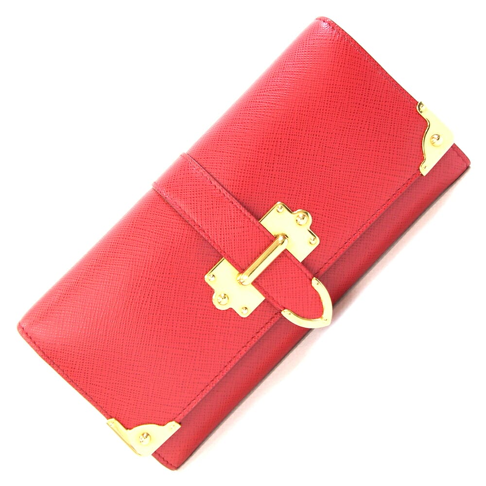 プラダ 二つ折り長紙入れ 1MH132 赤いこと ゴールド金具 なめし革 歌留多入れもの付き添い人 中古 ロングウォレット ロゴタイプ レディース PRADA